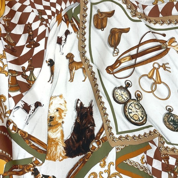 Vintage Equestrian Horse Scarf Square 35" Tan Brown Gold Silky Dogs Tack Italy - Picture 3 of 8